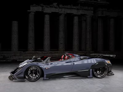 Gray Convertible Sports Car With Red Seats And Black Wheels Against Ancient Stone Columns 3d model