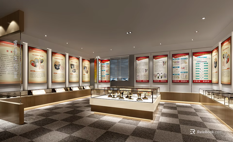 Exhibition Hall Interior With Glass Display Cases And Historical Wall Panels 3d model 