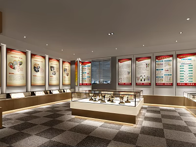 Exhibition Hall Interior With Glass Display Cases And Historical Wall Panels 3d model