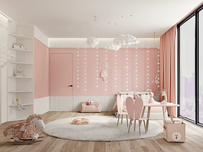 Pastel Pink Kids Room With Cloud Lights And Plush Toys 3d model