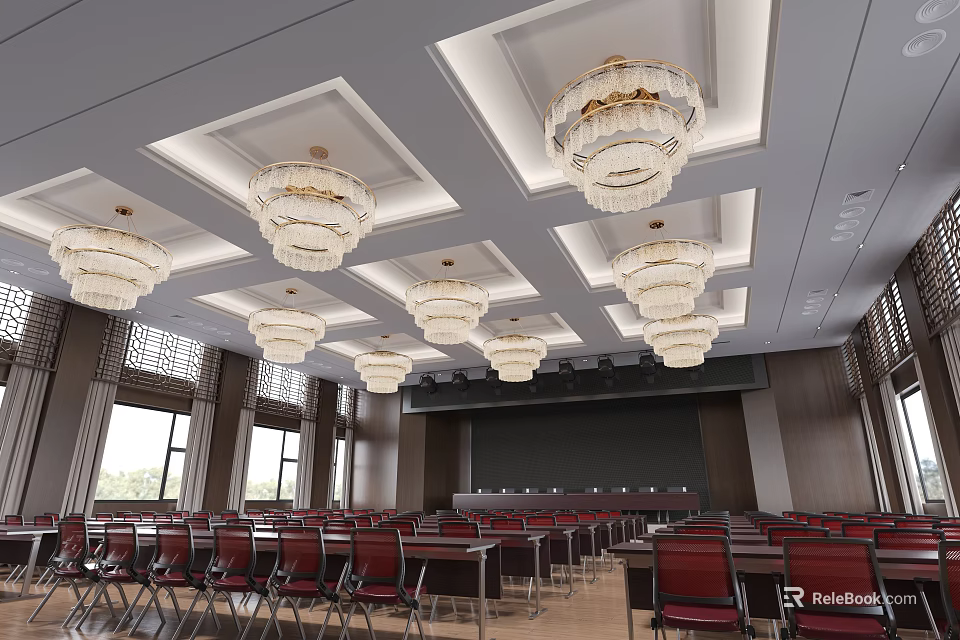 Modern Conference Room Interior With Square Ceiling Crystal Chandeliers Red Chairs Front Blackboard And Windows 3d model 