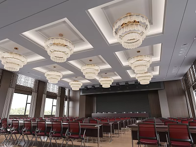 Modern Conference Room Interior With Square Ceiling Crystal Chandeliers Red Chairs Front Blackboard And Windows 3d model
