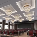 Modern Conference Room Interior With Square Ceiling Crystal Chandeliers Red Chairs Front Blackboard And Windows