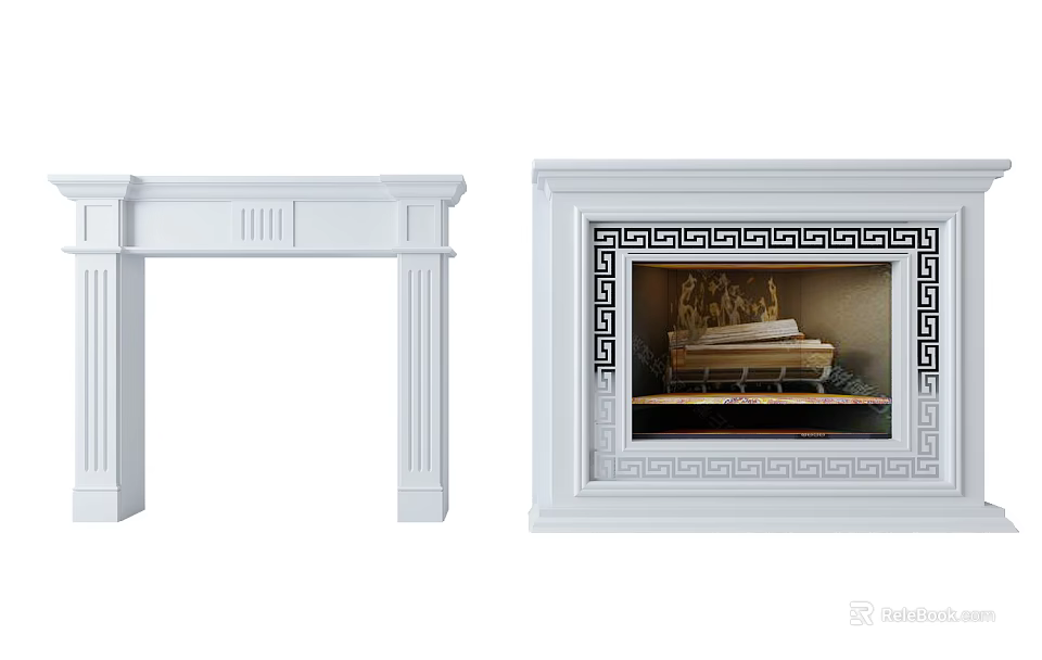 White Fireplace With Clean Lines And Greek Key Pattern Frame Flame Effect 3d model