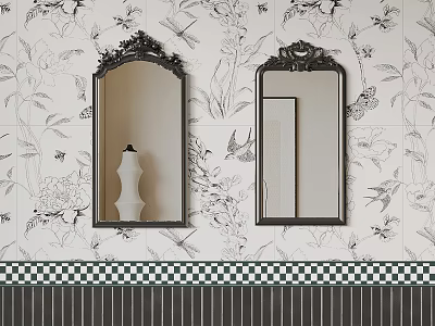 Two Decorative Mirrors on Floral Bird Patterned Wallpaper With Checkered Border and Dark Stripes 3d model