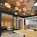 Modern Restaurant Interior Design With Wooden Pendant Lights Comfortable Tables And Open Space