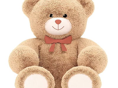 Cute Brown Teddy Bear Stuffed Toy with Red Bow Tie Soft Plush Material for Kids 3d model