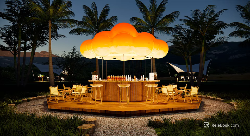 Outdoor Wooden Bar With Cloud Shaped Light And Palm Trees In Evening Setting 3d model 