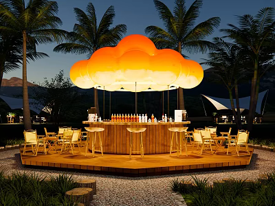 Outdoor Wooden Bar With Cloud Shaped Light And Palm Trees In Evening Setting 3d model