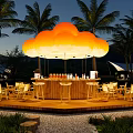 Outdoor Wooden Bar With Cloud Shaped Light And Palm Trees In Evening Setting