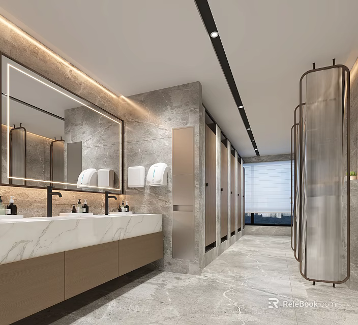 Modern Public Restroom Interior With Marble Vanity Mirror And Stalls 3d model 