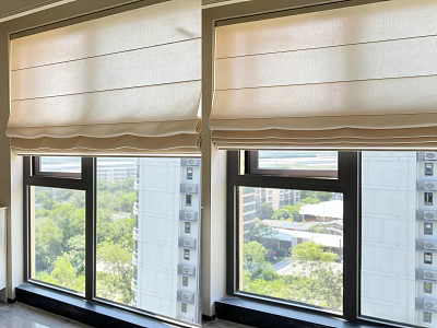 Beige Light Filtering Roman Blinds For Window With City View And Green Trees 3d model