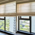 Beige Light Filtering Roman Blinds For Window With City View And Green Trees