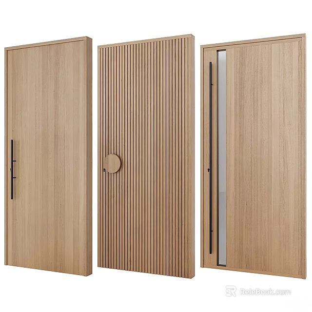 Wooden Swing Doors With Vertical Slats Circular Handle And Metal Strip Design 3d model 