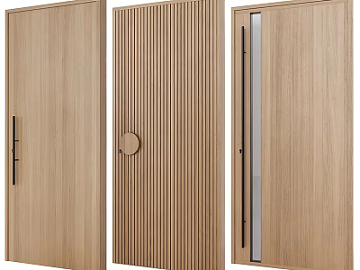 Wooden Swing Doors With Vertical Slats Circular Handle And Metal Strip Design 3d model