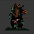 Game Movie Bear Character In Decorative Outfit With Backpack Glowing Item On Green Base