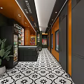 Interesting Stuff Corridor Featuring Orange Black Walls Black White Patterned Floor Plant And Vending Machine 3d model