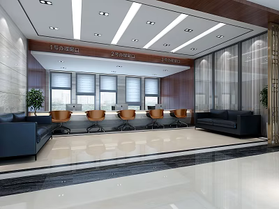 Modern Service Hall Interior Design With Service Windows Seating And Sofa 3d model