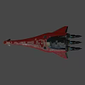 Red Streamlined Spaceship With Three Engines Emitting Blue Light Against Black Background