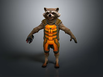 Raccoon Game Movie Character With Orange Vest Green Accents Mechanical Arm Standing Pose 3d model