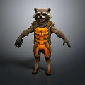 Raccoon Game Movie Character With Orange Vest Green Accents Mechanical Arm Standing Pose