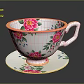White Ceramic Teacup And Saucer With Pink Floral Pattern And Gold Trim