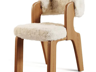 Wooden Frame Dining Chair With Plush Furry Seat And Backrest 3d model