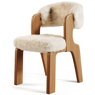 Wooden Frame Dining Chair With Plush Furry Seat And Backrest 3d model