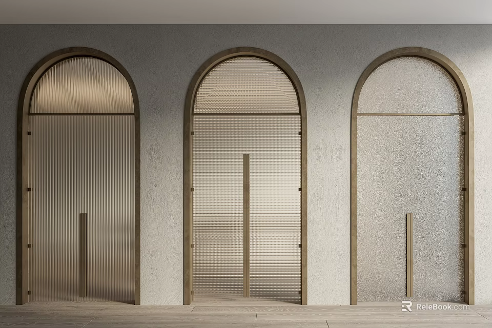 Modern Arched Doors Interior With Wooden Frames Textured Wall And Light Flooring 3d model