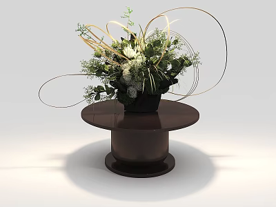 Stylish Floral Arrangement With Green Plants White Flowers Curved Metal Lines On Dark Round Table 3d model