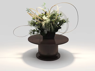 Stylish Floral Arrangement With Green Plants White Flowers Curved Metal Lines On Dark Round Table 3d model
