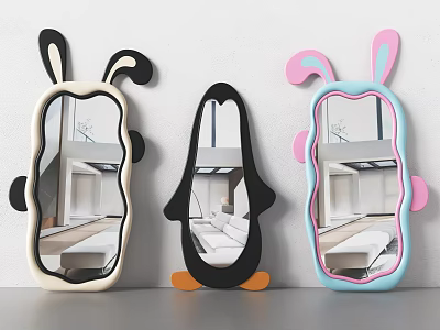 Cute Cartoon Shaped Mirrors with Rabbit Ears and Penguin Design 3d model
