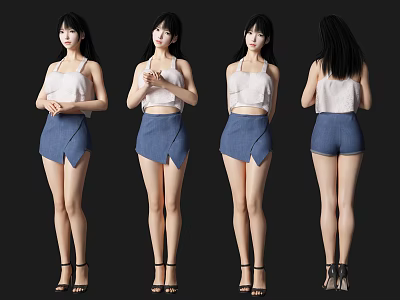 A Woman In White Tank Top And Blue Shorts With High Heels From Different Angles 3d model