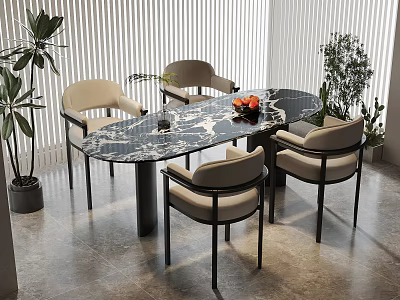 Modern Oval Dining Table Set With Marble Top And Beige Chairs Near Plants 3d model