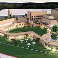Modern Hotel Building With Palm Trees Lawn Tower And Arched Outdoor Structures