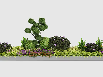 Vibrant Garden Flowers And Green Bushes With Lush Foliage And Purple Blooms 3d model