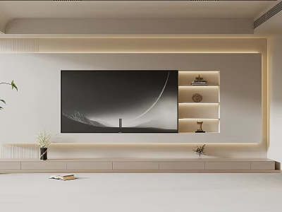 Modern TV Wall Design With Large Screen TV Layered Shelves Lower Cabinets And Lighting 3d model