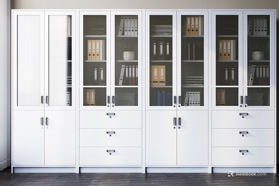 White Glass Door Display Shelves With Drawers For Office File Storage 3d model 