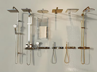 Modern Shower Systems With Multiple Rainfall Heads Handheld Showers And Storage Shelves 3d model