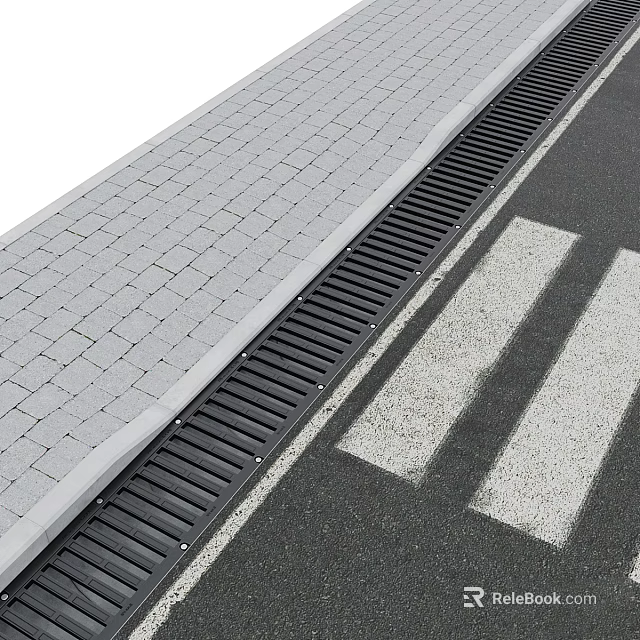 Road Facilities With Gray Paved Pavement Black Drainage Channel And White Crosswalk Lines 3d model 