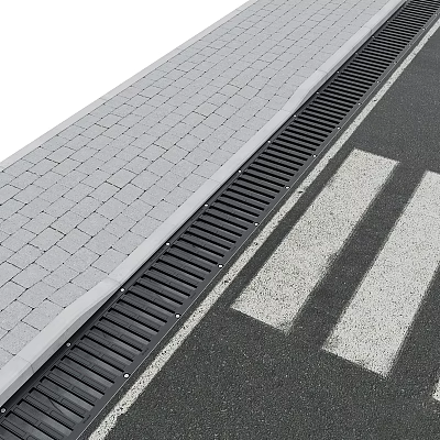 Road Facilities With Gray Paved Pavement Black Drainage Channel And White Crosswalk Lines 3d model