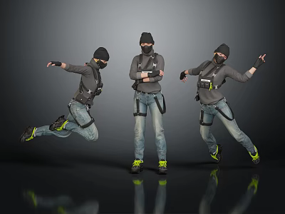 Men's Tactical Clothing With Black Masks Gray Tops Blue Jeans And Yellow Black Shoes 3d model