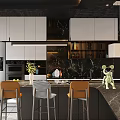 Elegant Modern Restaurant Interior With Open Kitchen And Marble Island Countertop