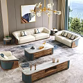 Elegant Modern Sofa And Coffee Table Combination With Beige Blue Upholstery Wooden Frame Marble Top