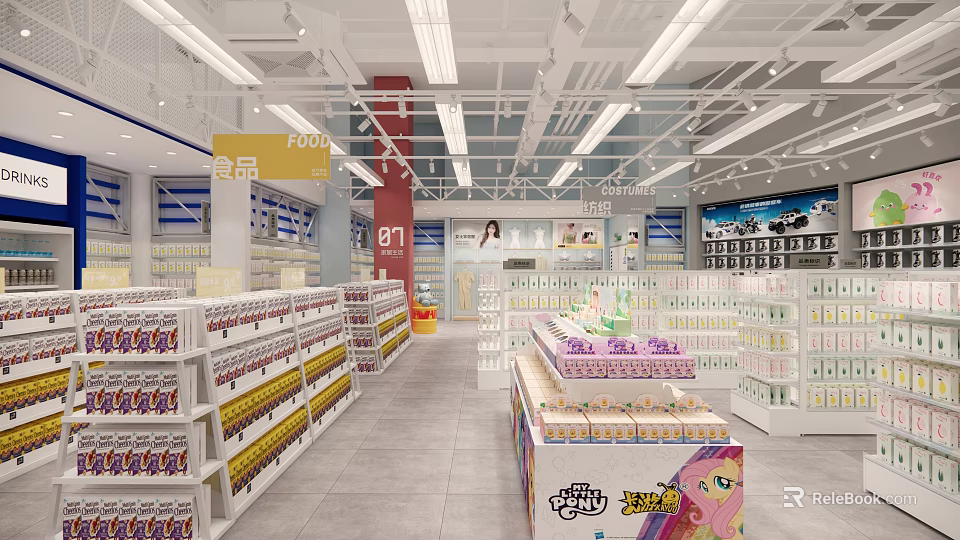 Bright Mall Store With Neatly Arranged Shelves And Various Food Products 3d model 