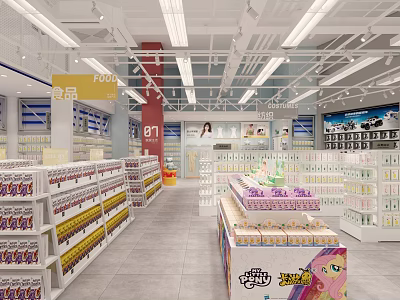 Bright Mall Store With Neatly Arranged Shelves And Various Food Products 3d model