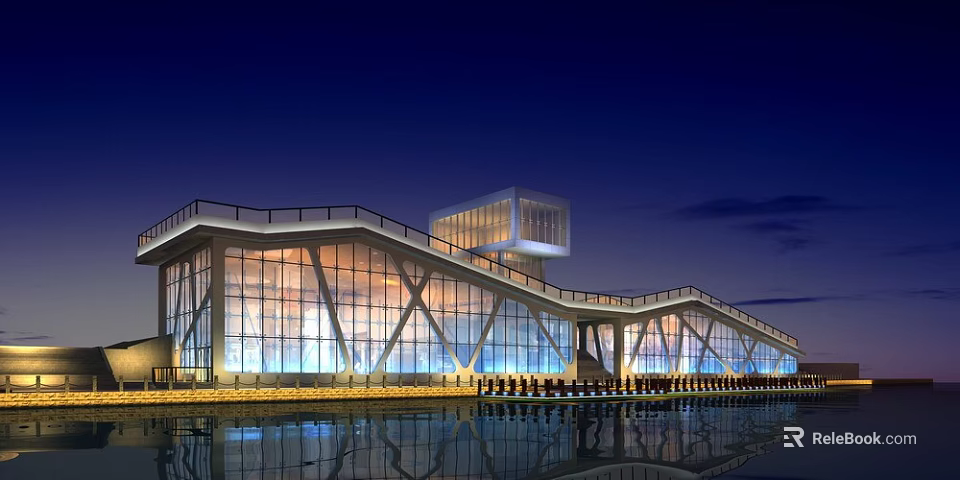 Modern Waterfront Architectural Design With Glass Curtain Wall Night Illumination And Reflection 3d model 