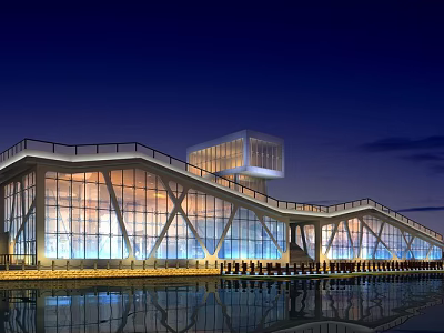 Modern Waterfront Architectural Design With Glass Curtain Wall Night Illumination And Reflection 3d model