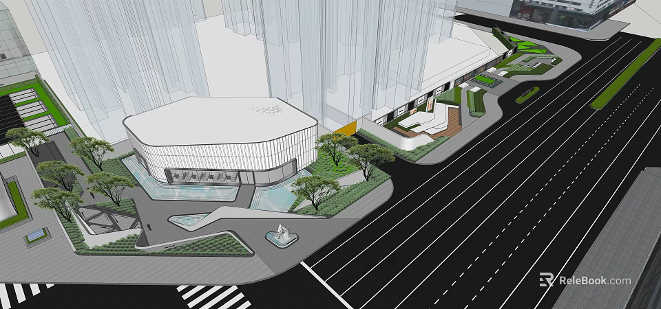 Modern Urban Landscape Design Around Buildings With Green Plants Water Features And Walkways 3d model 
