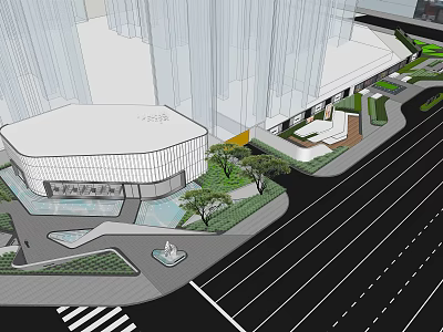 Modern Urban Landscape Design Around Buildings With Green Plants Water Features And Walkways 3d model